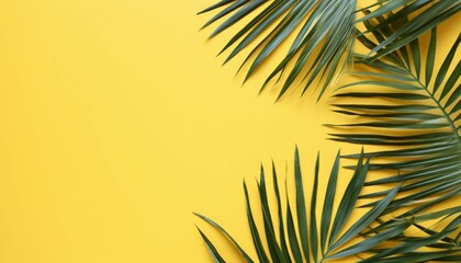 Top view tropical palm leaves on yellow isolated background. Summer concept photo with copy space