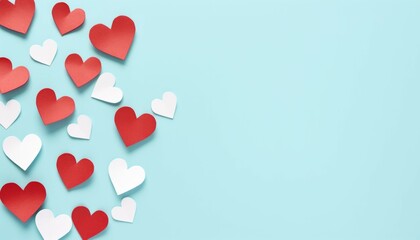 Top view Valentine's Day concept background. White and red paper hearts on pastel blue background. Valentines day concept photo with copy space