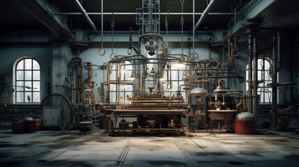 An old, abandoned laboratory filled with strange contraptions
