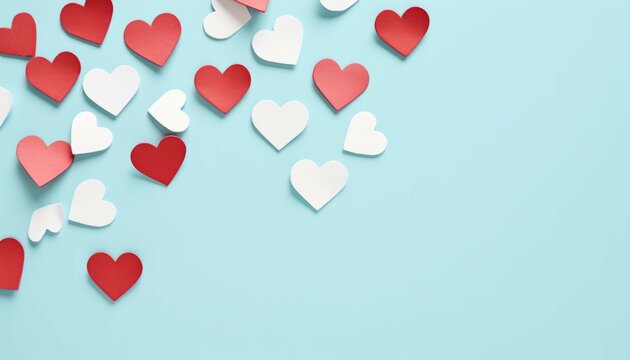 Top view Valentine's Day concept background. White and red paper hearts on pastel blue background. Valentines day concept photo with copy space