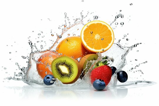 A fruit splashes into a white background with oranges, kiwis, and water splashing around it. The side of the image has a white backdrop. Generative AI