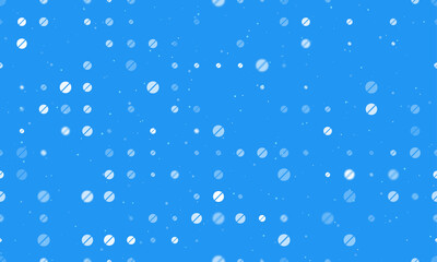 Seamless background pattern of evenly spaced white pill symbols of different sizes and opacity. Vector illustration on blue background with stars