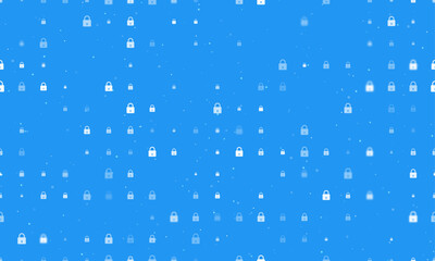 Seamless background pattern of evenly spaced white padlock symbols of different sizes and opacity. Vector illustration on blue background with stars