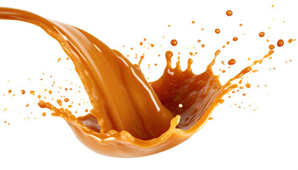 a caramel splash, sweet liquid candy swirls, waves splashing with droplets, and pouring with drops, isolated on a transparent background. PNG, cutout, or clipping path.