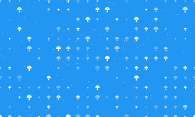 Seamless background pattern of evenly spaced white mushroom symbols of different sizes and opacity. Vector illustration on blue background with stars