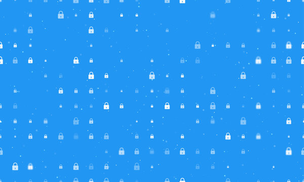 Seamless background pattern of evenly spaced white padlock symbols of different sizes and opacity. Vector illustration on blue background with stars