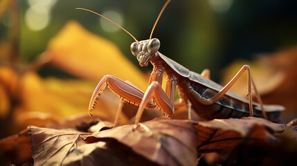 A praying mantis perched on a leaf, perfectly camouflaged. - obrazy, fototapety, plakaty