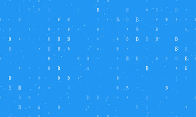 Seamless background pattern of evenly spaced white bitcoin symbols of different sizes and opacity. Vector illustration on blue background with stars