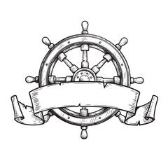 Wooden steering wheel with ribbon. Hand drawn ship helm sketch. Sea adventure, cruise and pirate drawing. Vector illustration