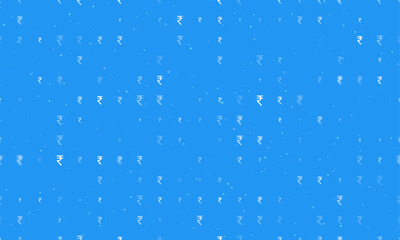 Seamless background pattern of evenly spaced white indian rupee symbols of different sizes and opacity. Vector illustration on blue background with stars