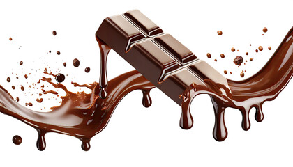 dark creamy chocolate bars with Choco wave splashes and droplets, and melting syrup, isolated on a...