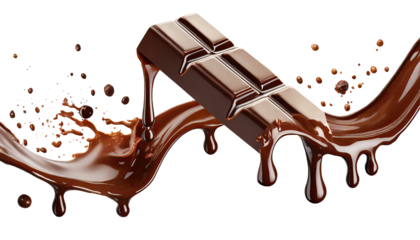 dark creamy chocolate bars with Choco wave splashes and droplets, and melting syrup, isolated on a transparent background. PNG, cutout, or clipping path.