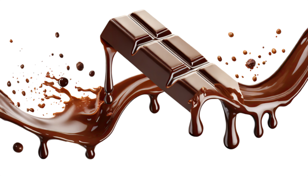 dark creamy chocolate bars with Choco wave splashes and droplets, and melting syrup, isolated on a transparent background. PNG, cutout, or clipping path.