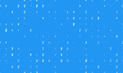 Seamless background pattern of evenly spaced white tugrik symbols of different sizes and opacity. Vector illustration on blue background with stars