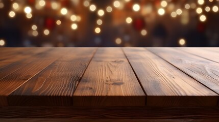 Rustic Wooden Table with Blurry Lights Background