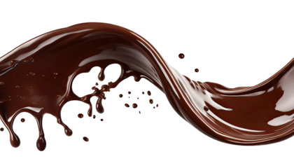 dark creamy chocolate wave, splashes, or shakes with drops, isolated on a transparent background. PNG, cutout, or clipping path.