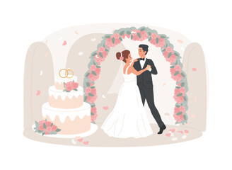 Wedding party isolated concept vector illustration. Wedding planning service, marriage party idea, bride and bridesmaid dress, venue decoration, bouquet design, menu and bar vector concept.