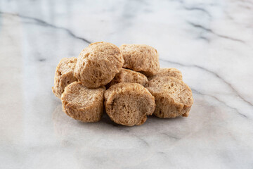 Close-up of dehydrated soya chunks