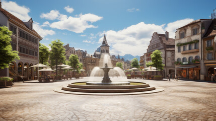 An old-fashioned town square, with a fountain in the centre and a variety of shops and restaurants - obrazy, fototapety, plakaty