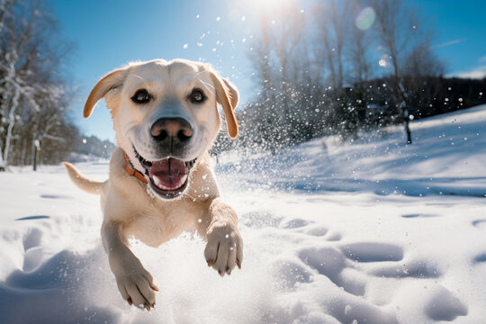 perro labrador corriendo en la nieve de invierno hacia la cámara 