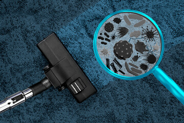 Magnifying lens with simulated germs, viruses, bacteria, hygiene concept, vacuum cleaner