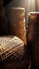 AI generated illustration of brown wicker basket details with its intricate weaved pattern - obrazy, fototapety, plakaty