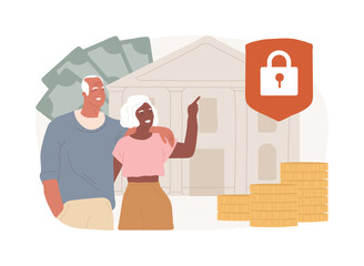 Elderly financial security isolated concept vector illustration. Elderly poverty problem, seniors budget planning, social insurance program, medical care, economic well-being vector concept.