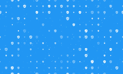 Seamless background pattern of evenly spaced white protection mark symbols of different sizes and opacity. Vector illustration on blue background with stars