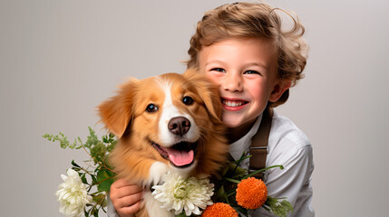 niño sonriente y feliz abrazando a un perro golden retriever  con flores en un fondo blanco  - obrazy, fototapety, plakaty