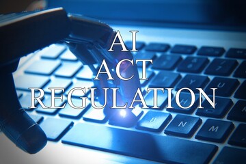 AI regulation symbol. Concept words AI artificial intelligence act regulation , robot hand on...