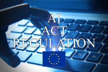 AI regulation symbol. Concept words AI artificial intelligence act regulation , robot hand on beautiful puzzle jigsaw. Business AI artificial intelligence regulation concept with the European flag . - obrazy, fototapety, plakaty