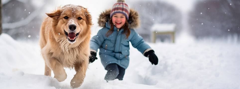 perro labrador y una niña contenta jugando y corriendo hacia la cámara sobre la nieve 