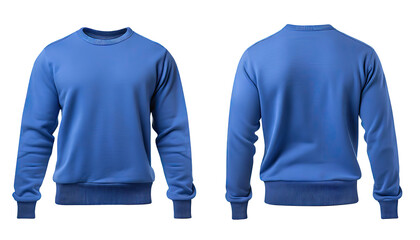 front and back view of blue sweatshirt templates. Pullovers with long sleeves, mockups for design and print, isolated on a transparent background with clipping path. - obrazy, fototapety, plakaty