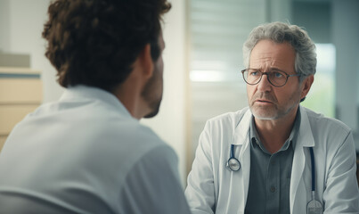 Obraz premium Focused mature doctor with glasses and a white coat attentively listens to a patient in a well-lit clinical office.