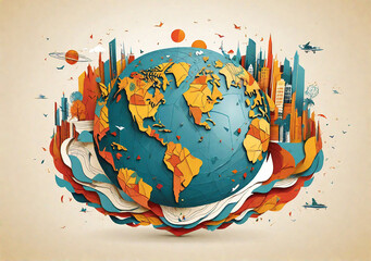Earth globe with crumpled paper and cityscape. Vector illustration.
