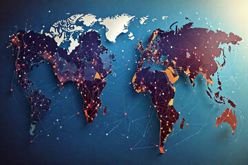 Global network connection concept with world map on blue background. Vector illustration.