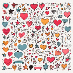 Vector set of hand drawn doodle hearts, stars, flowers and other elements.