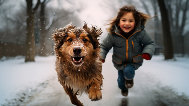 perro golden retriever y una niña feliz jugando y corriendo en la nieve hacia la cámara 