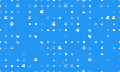 Seamless background pattern of evenly spaced white masked face symbols of different sizes and opacity. Vector illustration on blue background with stars