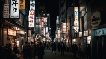 Street at night rush hour, neon signs illuminating the city, busy people with street Photography