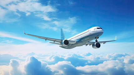 Fototapeta na wymiar Airplane flying on clouds in blue sky high detailed image, Airplane in blue sky