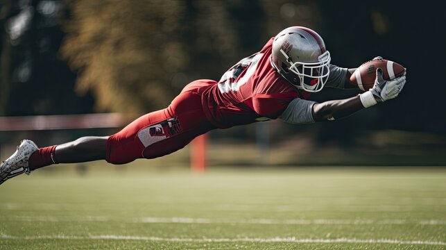 American football player making a diving catch, athleticism and intensity of the game