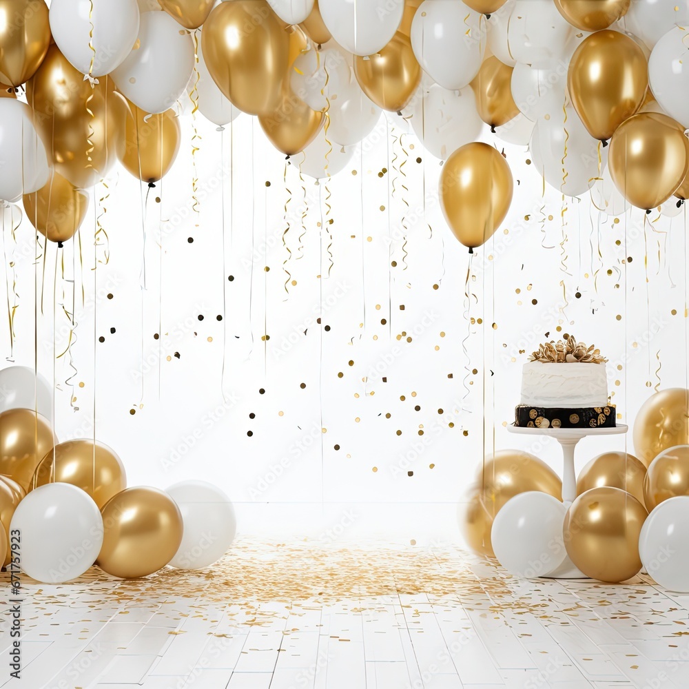 Poster Birthday background with golden balloons and confetti behind a empty stage with white background, Confetti with golden balloon background
