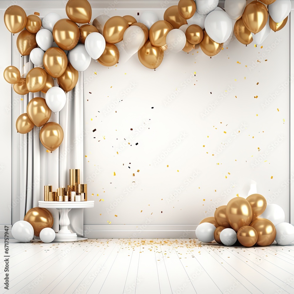 Poster Birthday background with golden balloons and confetti behind a empty stage with white background, Confetti with golden balloon background