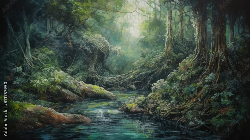 Aufkleber mystical forest with towering trees covered in moss, waterfall flowing into a crystal river sense of