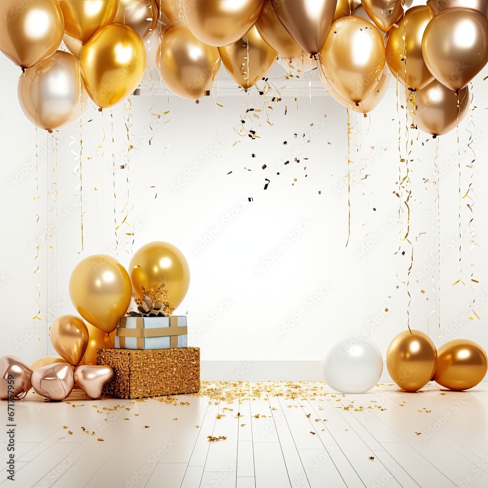Poster Birthday background with golden balloons and confetti behind a empty stage with white background, Confetti with golden balloon background
