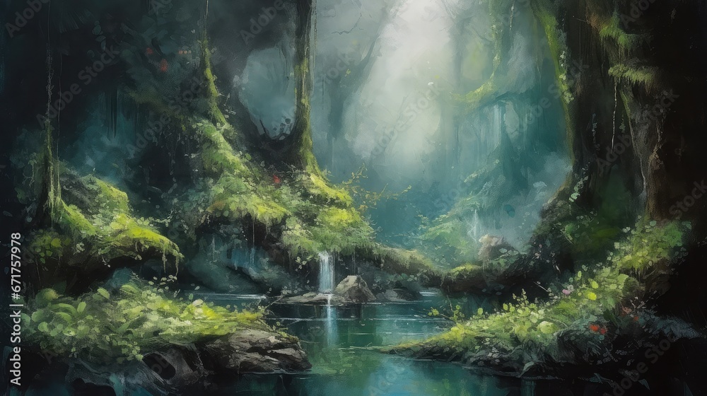 Poster mystical forest with towering trees covered in moss, waterfall flowing into a crystal river sense of