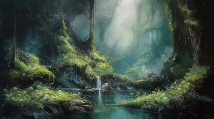 Mystical forest with towering trees covered in moss, waterfall flowing into a crystal river sense of tranquility and enchantment