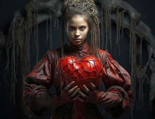 A young woman holds in her hands a red heart decorated with weaving made of red threads. Valentine's Day concept