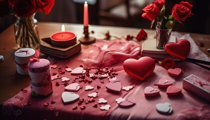Fototapeta na wymiar Photo of a Romantic Table Setting with Beautiful Candlelight and Heart Decorations